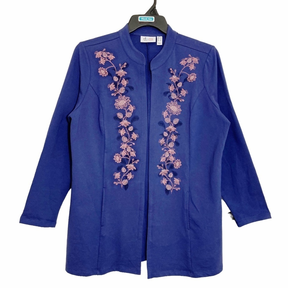 Denim & Co. Open Front Cardigan Size Large Embroidery Dark Indigo